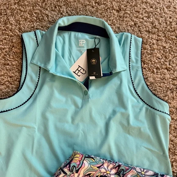 EP New York Women's Aqua Sleeveless Polo and Vibrant Skirt Set - Picture 3 of 6